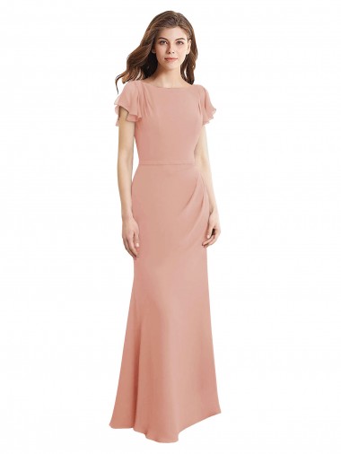 Affordable Cap Sleeves Long Chiffon Prom Dress with Low V-Back UK