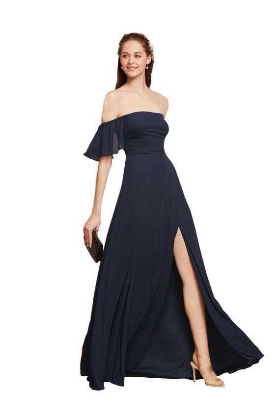 Affordable Off the Shoulder Floaty Sleeves Chiffon Prom Dress with High Slit UK