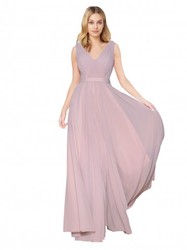 Affordable Draped V-Neck Long Chiffon Prom Dress with Shirred Bodice UK