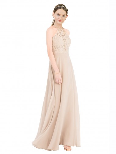 Affordable High Halter Neck Illusion Lace Prom Dress with Chiffon Skirt and Keyhole Back UK
