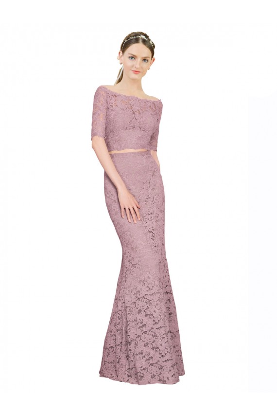 Affordable Short Sleeves Crop Top Mermaid Lace Prom Dress UK