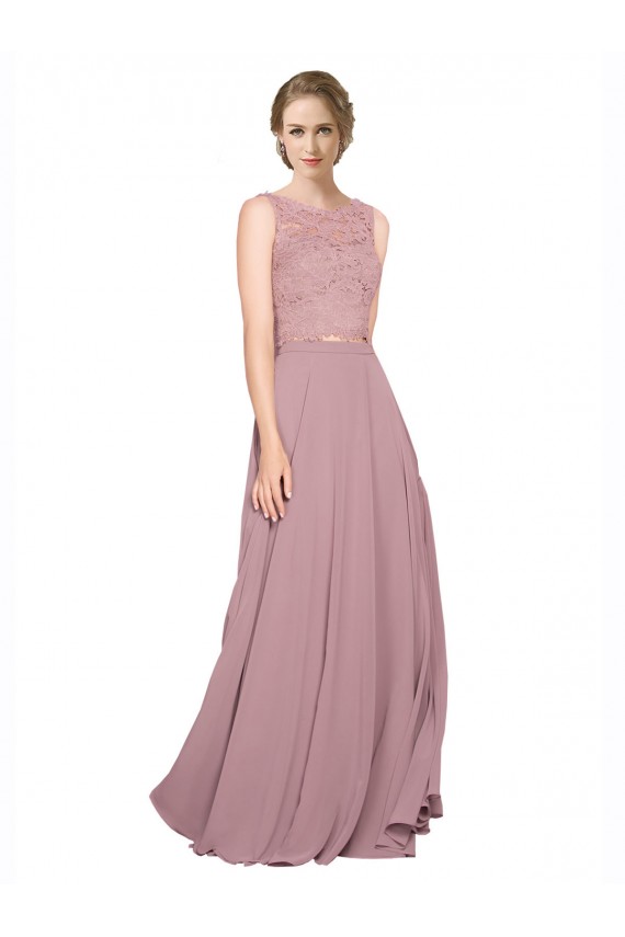 Affordable Long A-Line Chiffon Prom Dress with Sleeveless Lace Crop Top UK
