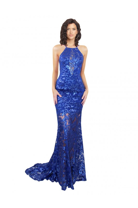 Affordable High Neck Long Open Back Lace Prom Dress with Train UK