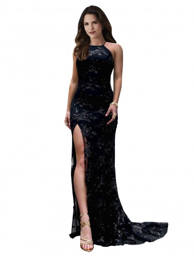 Affordable High Neckline Lace Open Back Prom Dress with High Slit UK