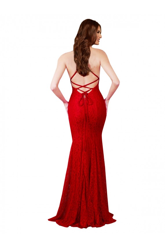 Affordable Low Back V-Neckline Floor Length Lace Prom Dress UK