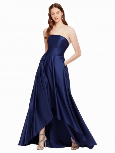 Affordable High Low Strapless Satin Prom Dress with Pockets UK