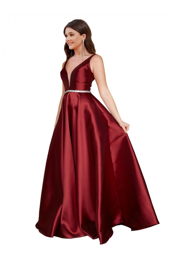 Affordable Sleeveless Deep V-Neck A-Line Satin Prom Dress with Pockets UK