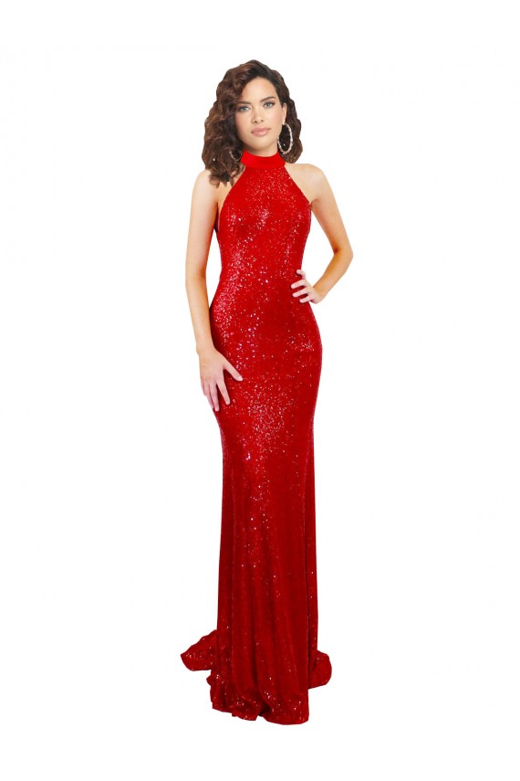 Affordable Halter High Neck Mermaid Open Back Sequin Prom Dress UK