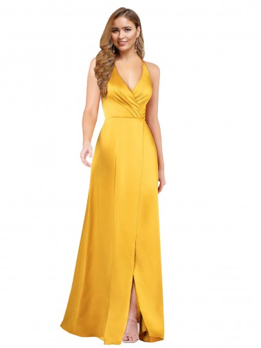 Affordable Halter A-Line Silky Satin Prom Dress with V-Neckline and Slit UK