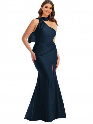 Affordable Scarf Neck One Shoulder Silky Satin Mermaid Prom Dress with Front Slit UK