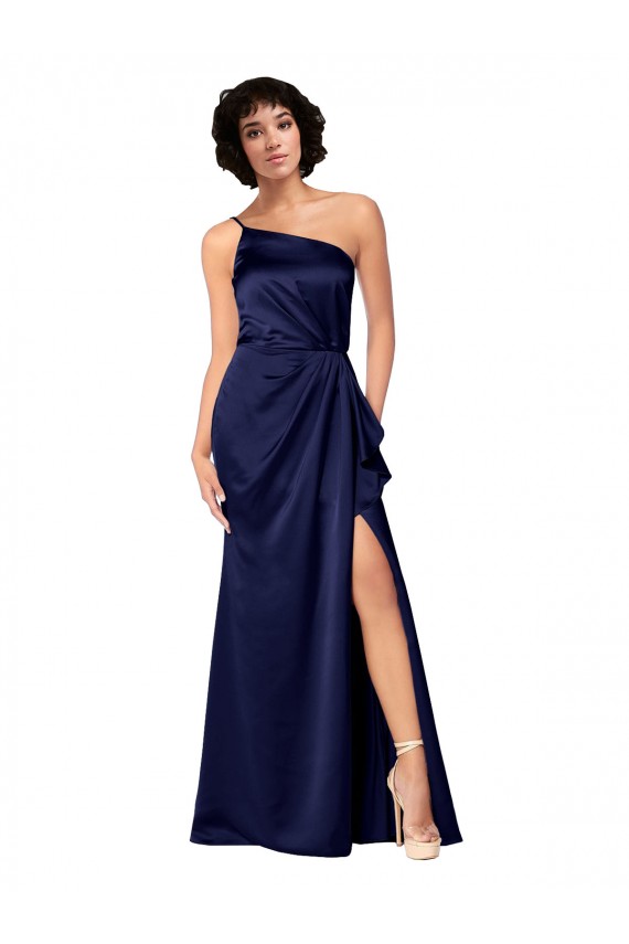 Affordable One Shoulder Silky Satin Prom Dress with Skirt Slit UK