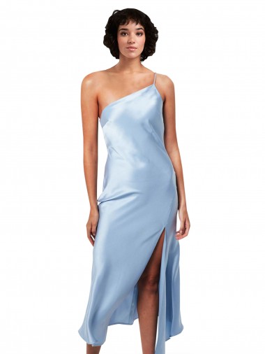 Affordable Midi Length Short Silky Satin Cocktail Prom Dress / Homecoming Dress with Asymmetric Neckline and High Side Split UK