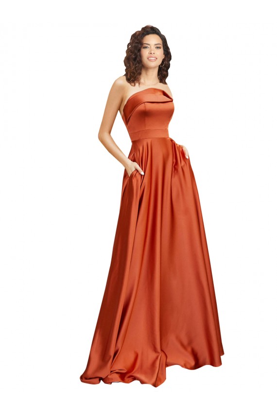 Affordable Strapless Sweep Train Silky Satin Prom Dress with Pleats UK