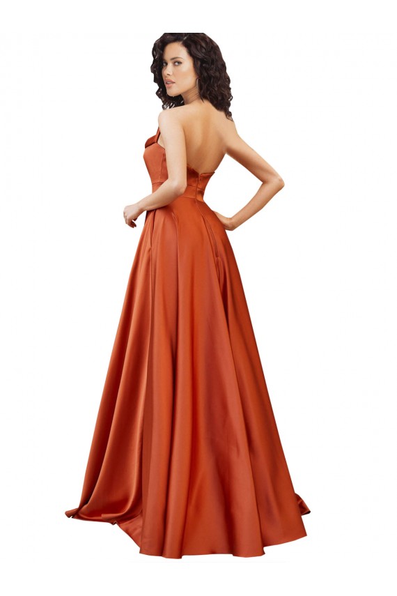 Affordable Strapless Sweep Train Silky Satin Prom Dress with Pleats UK