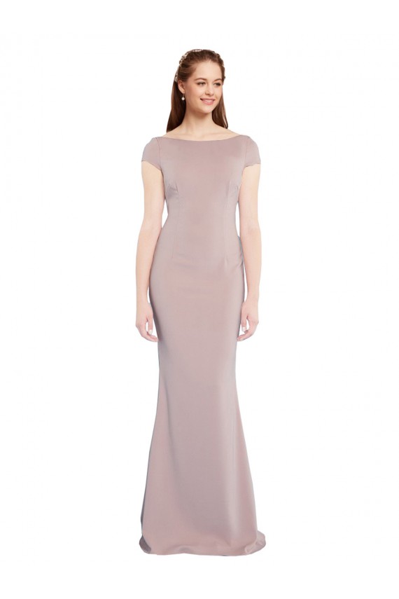 Affordable Boat Neck Cap Sleeve Crepe Prom Dress with Plunging Tie Back UK