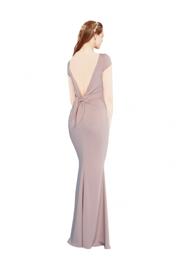 Affordable Boat Neck Cap Sleeve Crepe Prom Dress with Plunging Tie Back UK