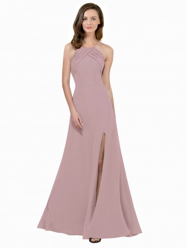 Affordable High Neck Crepe Prom Dress with Pleats and Keyhole Back UK