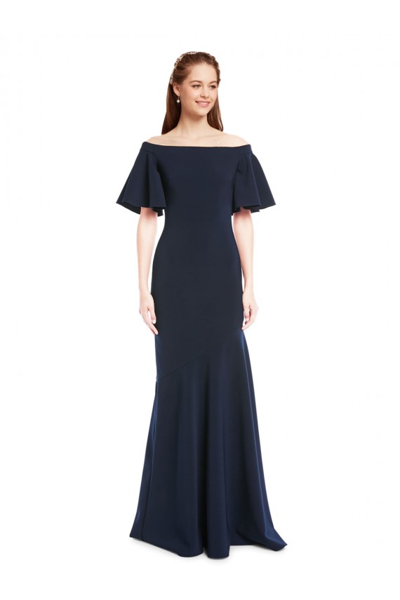 Affordable Off the Shoulder Crepe Prom Dress with Short Ruffle Sleeves. UK