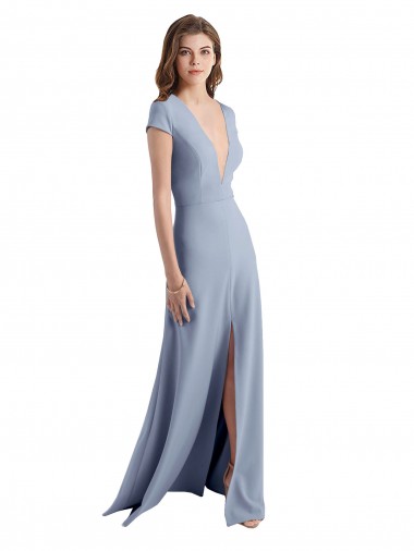 Affordable Plunging V-Neck Cap Sleeves Stretch Crepe Prom Dress with Front Slit UK