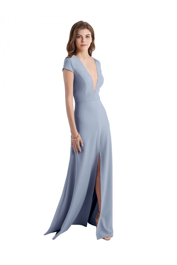 Affordable Plunging V-Neck Cap Sleeves Stretch Crepe Prom Dress with Front Slit UK