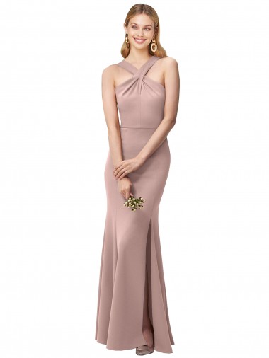 Affordable Long Floor Length High Neck Fit and Flare Stretch Crepe Prom Dress with Side Slit UK
