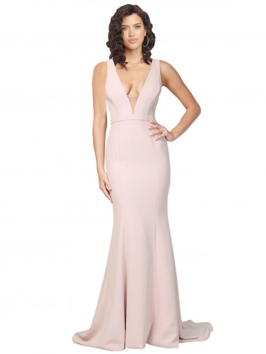 Affordable Deep Plunging V-Neckline Full Length Crepe Prom Dress with Deep V-Backline UK