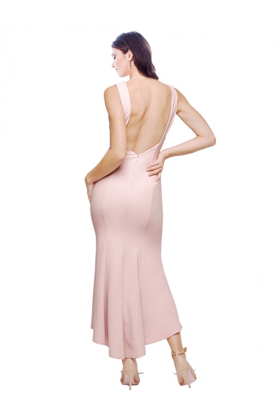 Affordable High Neck Low V-Back Midi Length Crepe Cocktail Dress / Prom Dress UK
