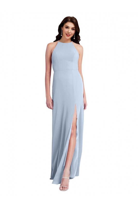 Affordable Fit and Flare High Neck Crepe Prom Dress with Side Slit UK