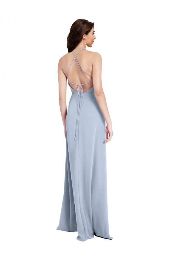 Affordable Fit and Flare High Neck Crepe Prom Dress with Side Slit UK