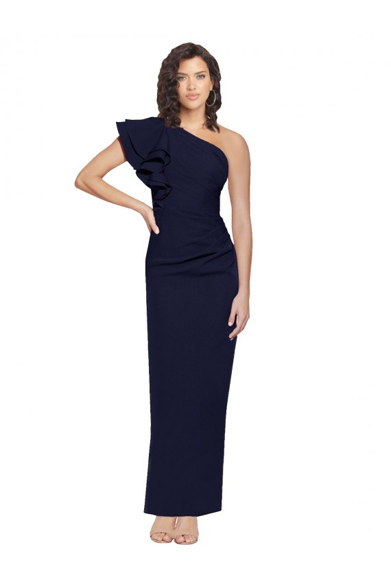 Affordable Ruched Floor Length Long Crepe Prom Dress with Shoulder Ruffles UK