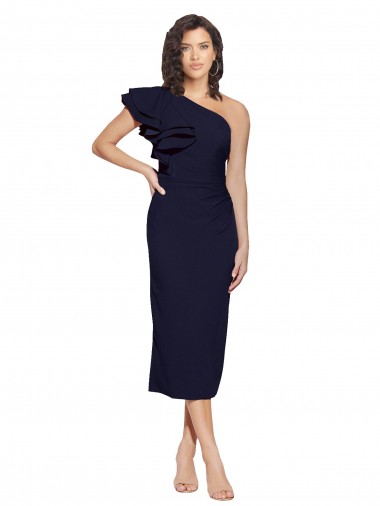 Affordable Ruched Midi Length Short Crepe Cocktail Prom Dress / Homecoming Dress with Shoulder Ruffles UK