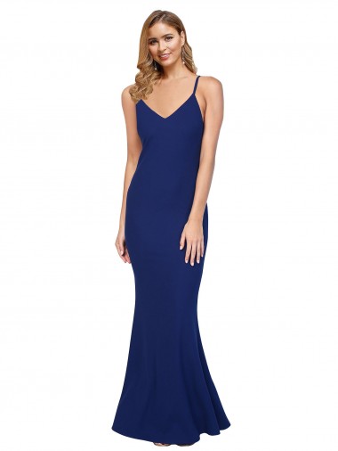 Affordable Full Length V-Neckline Crepe Prom Dress with Thin Straps and Fulted Skirt UK