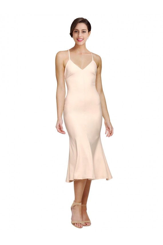 Affordable Midi Length V-Neckline Crepe Cocktail Prom Dress / Homecoming Dress with Thin Straps and Fulted Skirt UK