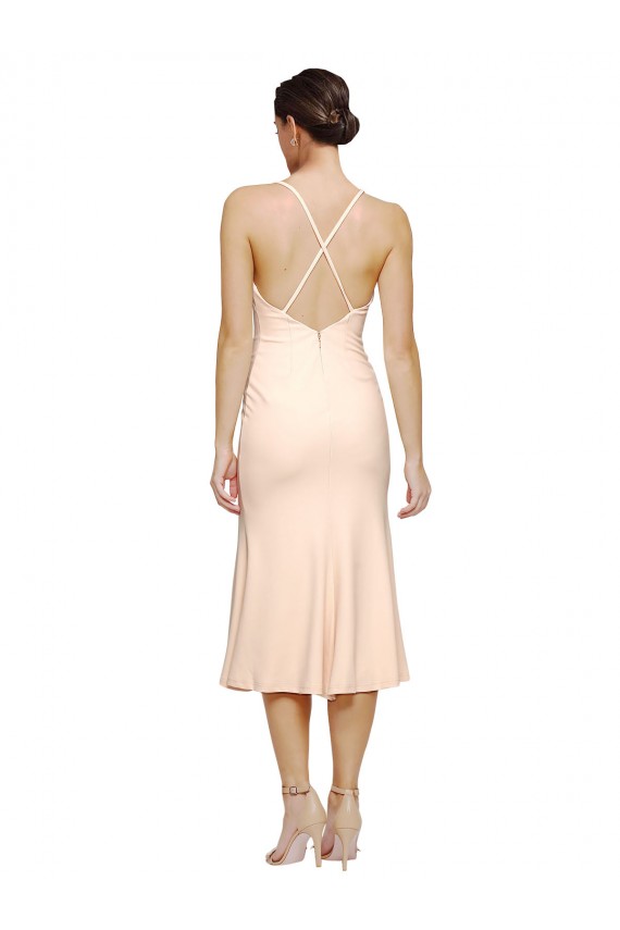 Affordable Midi Length V-Neckline Crepe Cocktail Prom Dress / Homecoming Dress with Thin Straps and Fulted Skirt UK