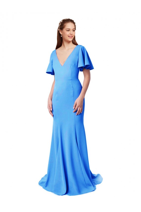 Affordable Short Sleeves Long V-Neck Crepe Prom Dress with V-Back UK