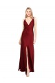 Affordable Floor Length Deep V-Back Stretch Satin Prom Dress with Front Slit UK