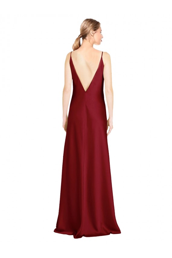 Affordable Floor Length Deep V-Back Stretch Satin Prom Dress with Front Slit UK