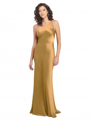 Affordable One Shoulder Long Floor Length Stretch Satin Slip Prom Dress UK