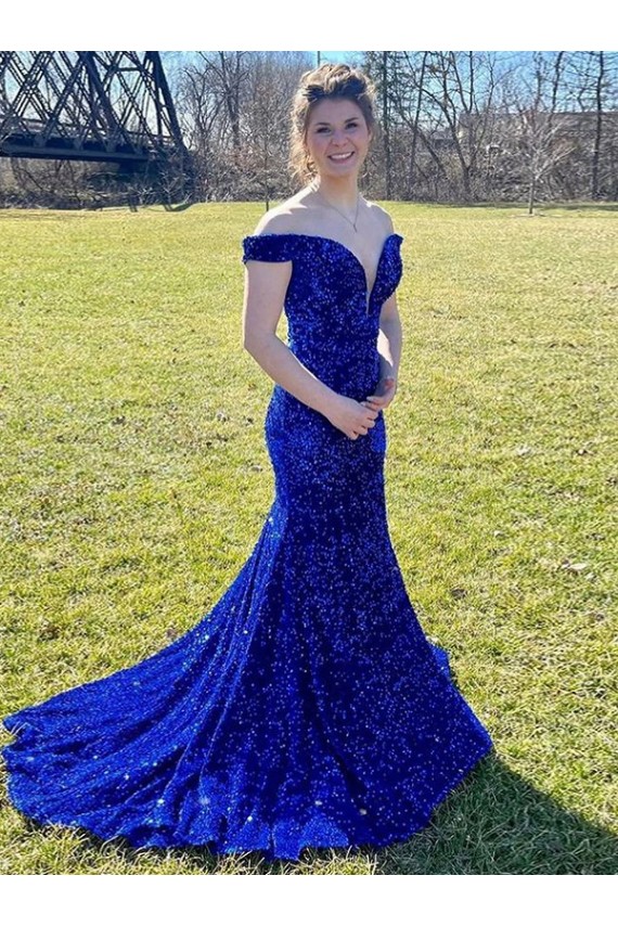 Affordable Off the Shoulder Sleeveless Long Sweep Train Velvet Sequin Prom Dress UK
