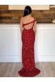 Affordable One Shoulder Sleeveless Long Sweep Train Velvet Sequin Prom Dress UK