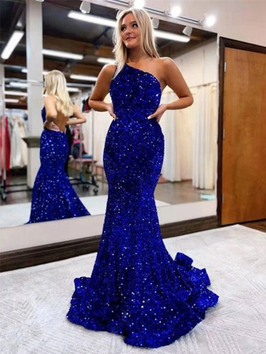 Affordable Mermaid One Shoulder Open Back Long Sweep Train Velvet Sequin Prom Dress UK