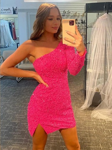 Affordable Short Velvet Sequin One Shoulder Long Sleeves Prom Dress UK