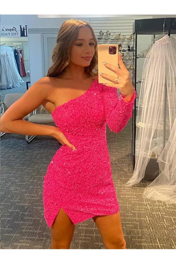 Affordable Short Velvet Sequin One Shoulder Long Sleeves Prom Dress UK