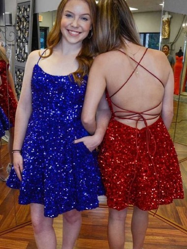 Affordable A-Line Spaghetti Straps Sleeveless Short Velvet Sequin Prom Dress UK