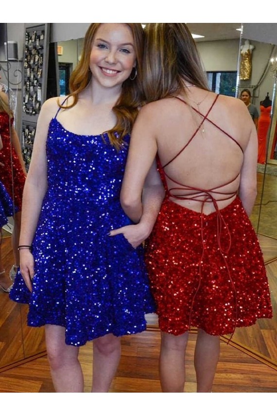 Affordable A-Line Spaghetti Straps Sleeveless Short Velvet Sequin Prom Dress UK