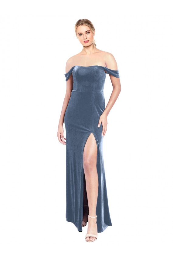 Affordable Draped Sleeves Wide Scoop Neck Off the Shoulder Velvet Prom Dress UK