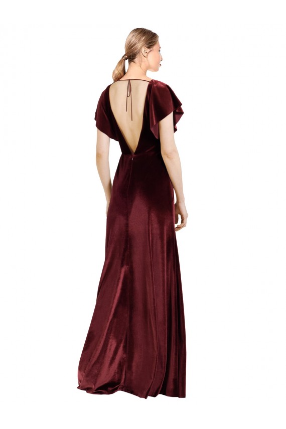 Affordable Flutter Sleeves Open Back Long Velvet Prom Dress UK