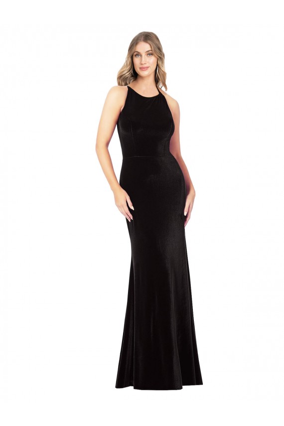 Affordable Vintage Velvet High Neck Prom Dress with Strappy Back UK