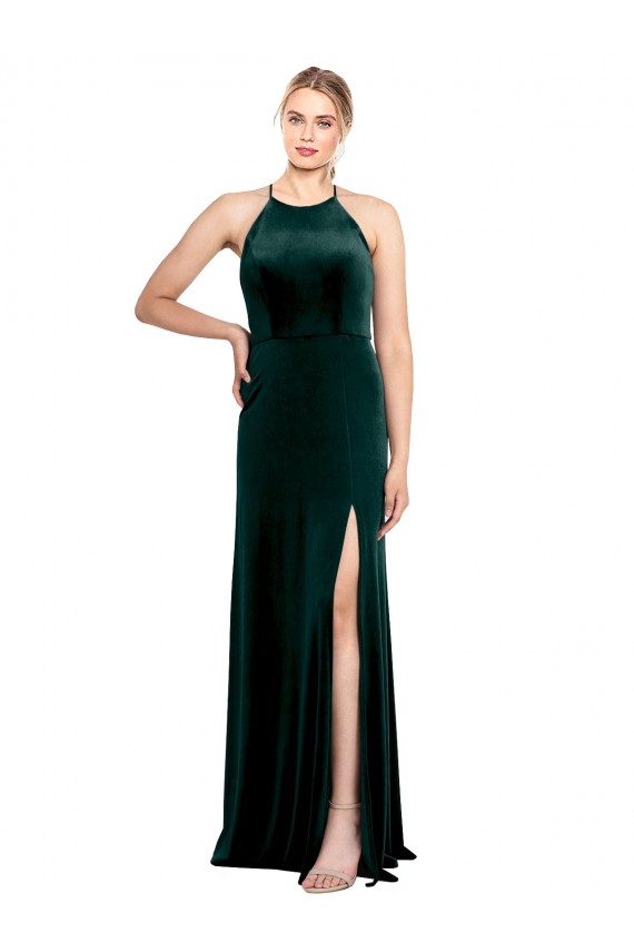 Affordable Long Jewel Neck Full Length Velvet Prom Dress with Side Slit UK