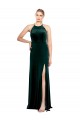 Affordable Long Jewel Neck Full Length Velvet Prom Dress with Side Slit UK